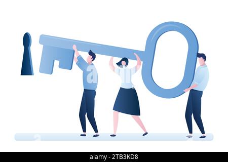 Businessmen standing in front of a keyhole with big key. Business team holding the key to success. Teamwork concept. Humans characters in trendy style Stock Vector