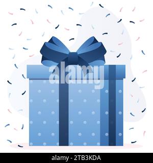 Gift box with bow. Confetti on background. Celebration concept banner template. Flat trendy vector illustration Stock Vector