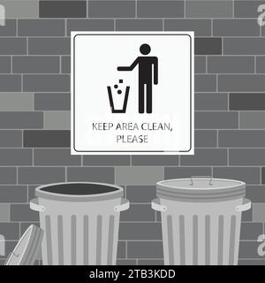 Keep clean icon or poster on a brick wall. Do not litter sign. Silhouette of a man, throwing garbage in a bin. Empty and clean trash cans. Parts of ca Stock Vector