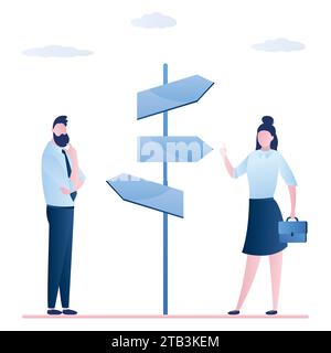 Businesspeople decide what way to choose. Cartoon characters making important decision and choice. Humans standing near crossroad pointer with several Stock Vector