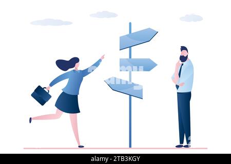 Businesspeople decide what way to choose. Cartoon characters making important decision and choice. Humans near crossroad pointer with several ways dir Stock Vector