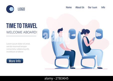 Time to travel,welcome aboard landing page template. Passengers in plane cabin webpage banner. Airline transportation service concept background. Trav Stock Vector