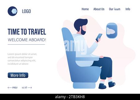 Time to travel,welcome aboard landing page template. Passenger in plane cabin webpage banner. Airline transportation service concept background. Male Stock Vector