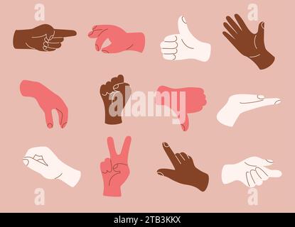 Set of colours hands gestures symbols in a trendy flat style. Communication emoji. Vector hand drawn doodle icons isolated. Stock Vector