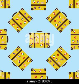 Seamless pattern with retro suitcase. Vintage baggage with stickers,flags and labels. Texture background. Flat vector illustration Stock Vector