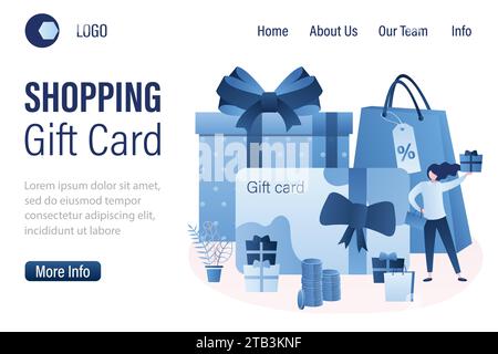 Gift card and promotion strategy landing page template. Plastic gift voucher with bow. Discount coupon and certificate concept background. Happy woman Stock Vector