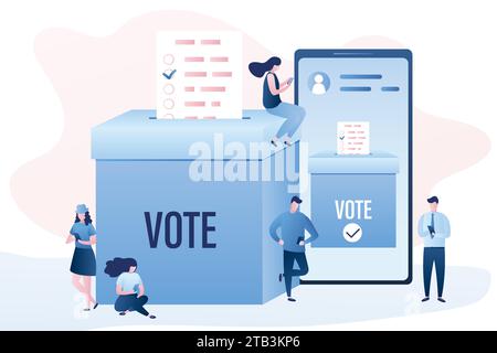 Online vote concept. Group of people use mobile phones. Big Smartphone and ballot box. Referendum or election background. Electronic voting and variou Stock Vector