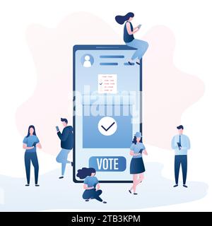 Online vote concept. Group of people use mobile phones. Big Smartphone and ballot box on screen. Referendum or election background. Electronic voting Stock Vector