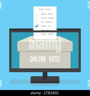 Online vote concept. Ballot box on monitor screen. Referendum or election background. Electronic voting. Remote and technology,innovation vote. Flat V Stock Vector