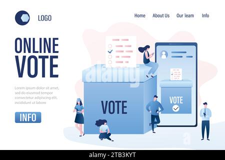 Online vote landing page template. Group of people use mobile phones. Big Smartphone and ballot box. Referendum or election background. Electronic vot Stock Vector