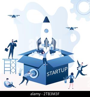 Startup or new business concept background. Open box and rocket takes off. Tiny businesspeople develop technology company. Characters in various poses Stock Vector