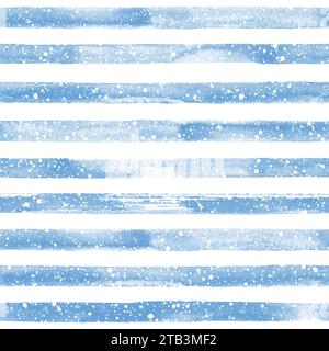 Watercolor stripe seamless pattern. Blue and white stripes and white polka dots snowflakes background. Watercolour hand drawn striped texture. Print f Stock Photo