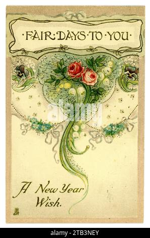 Original charming 1920's era floral themed New Year's greetings card  text is 'Fair Days to You' - by Raphael Tuck New Year's series, posted from London, December 1922. Stock Photo