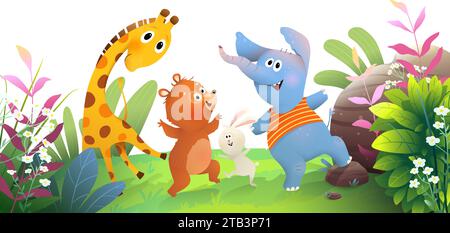 Happy Animals Party Dancing Jumping in Jungle Stock Vector