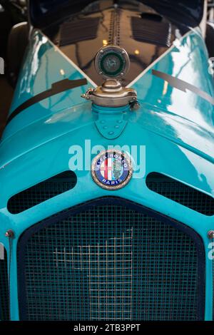 The 1931 blue Alfa Romeo 8C 2600 Monza of Ellie Mann, driven by Christopher Mann at the 80th Members' Meeting, Goodwood Motor Racing Circuit, UK Stock Photo