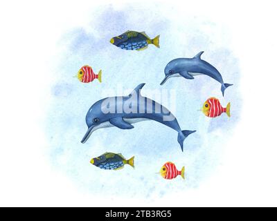 Cartoon swimming dolphins among small multicolor fishes. Porpoise, triggerfish. Sea composition on watercolor background. Hand drawn illustration Stock Photo