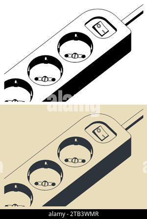 Stylized vector illustrations of power socket extension close up Stock Vector