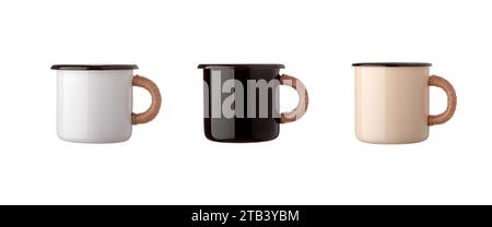 Metal camping unbreakable mugs with a handle wrapped in twine. Isolate on a white background. Stock Photo