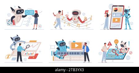 People using AI. Artificial intelligence interacts with users, communicating with chatbot, futuristic assistant helps, cyborg writes music, edits Stock Vector