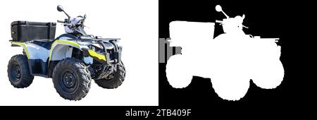 ATV Quad bike, All-Terrain vehicle, with the helmet on, isolated on white background with space for text and clipping mask and path Stock Photo