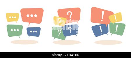 Talk, exclamation, and question marks in speech bubble. Dialogue and quote isolated colorful elements. Message or comment geometric balloons. Cartoon Stock Vector