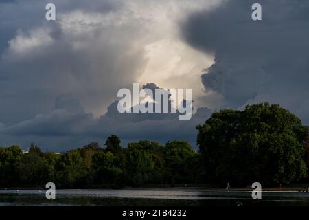 Dark clouds over the lake, background, landscape Stock Photo