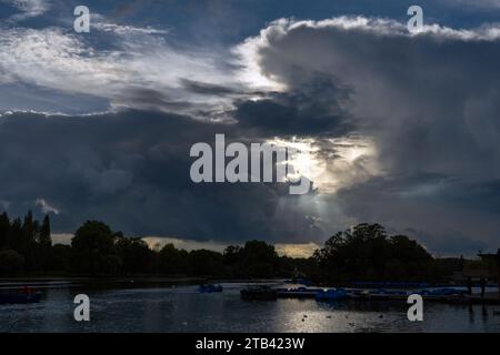 Dark clouds over the lake, background, landscape Stock Photo