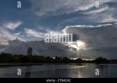 Dark clouds over the lake, background, landscape Stock Photo