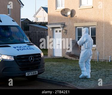 2 December 2023, Elgin,Moray,Scotland. This is Police Scotland Forensics team with White Forensic Suits working a domestic house in Elgin during a Mur Stock Photo