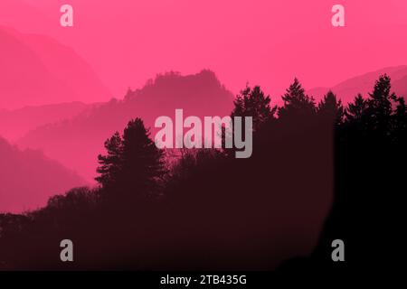Viva Magenta coloured landscape - Castle Crag, Borrowdale, Lake District, England, UK Stock Photo