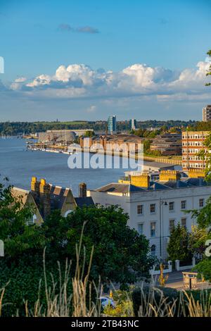 The buildings of Chatham Maritime Museum and the river Medway, from Victoria Gardens Rochester Stock Photo