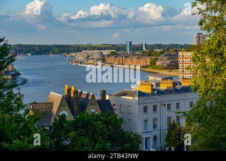 The buildings of Chatham Maritime Museum and the river Medway, from Victoria Gardens Rochester Stock Photo