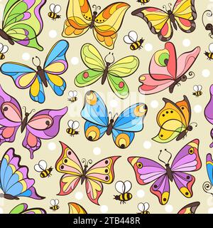 Butterfly seamless pattern. Hand drawn decorative flying insects. Tropic nature creatures. Colorful delicate wings with ornaments. Cute moths and Stock Vector