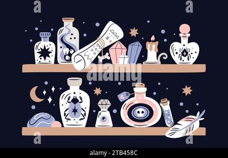 Potion bottles on shelf. Magic elixirs in different shapes glass flasks. Parchment scrolls. Crystals or magical supplies. Medieval lab. Witchcraft Stock Vector