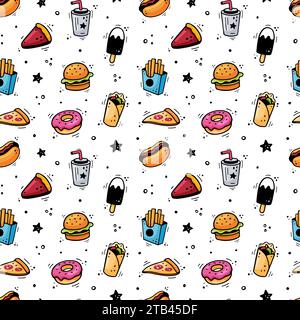 Fast food pattern. Hand drawn seamless pattern with fast food elements, burger, pizza, hot dog, donut, French fries, ice cream, soda, pie, doner kebab, pitta, burrito. Comic style. Vector illustration Stock Vector
