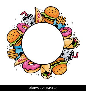 Hand drawn fast food round frame, copy space template. Sketch of snack elements. Doodle Fast food circular frame. Sketch of snacks. Fast food doodles. Colorful street food. Stock Vector