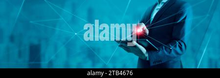 Digital connection horizontal banner. Businessman working with tablet on abstract background. Big data, internet, digital communication concept. Stock Photo