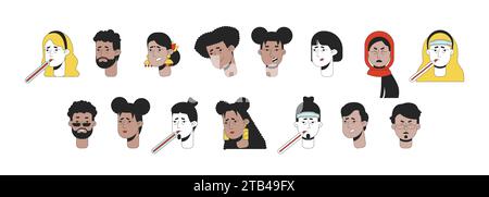 Feeling sick diverse 2D linear vector avatars illustration bundle Stock Vector