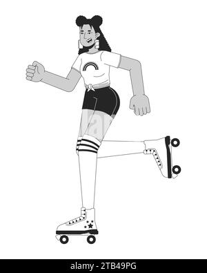 Roller disco girl black and white cartoon flat illustration Stock Vector