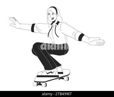 Skater girl 80s black and white cartoon flat illustration Stock Vector
