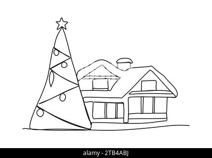 House and decorated Christmas tree, one line drawing vector illustration. Stock Vector