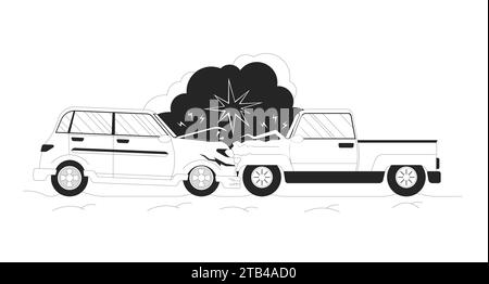 Head-on collision automobiles black and white 2D line cartoon object Stock Vector