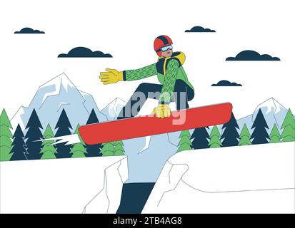 Snowboarder jumping on mountain slope line cartoon flat illustration Stock Vector