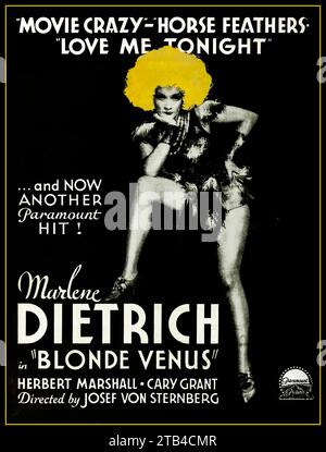 'Blonde Venus'  MARLENE DIETRICH Vintage movei poster 1932 American pre-Code drama film starring Marlene Dietrich, Herbert Marshall and Cary Grant. It was produced, edited and directed by Josef von Sternberg from a screenplay by Jules Furthman and S. K. Lauren, adapted from a story by Furthman and von Sternberg. The original story 'Mother Love' was written by Dietrich herself. The musical score was by W. Franke Harling, John Leipold, Paul Marquardt and Oscar Potoker, with cinematography by Bert Glennon. Stock Photo