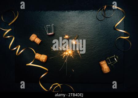 Happy New Year - celebration with sparkler, streamer on black background Stock Photo