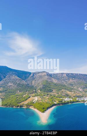 Aerial view of the Golden Horn Beach in Croatia. Also known as Zlatni Rat Beach it was named as one of the best beaches in the world coming in at 12th Stock Photo