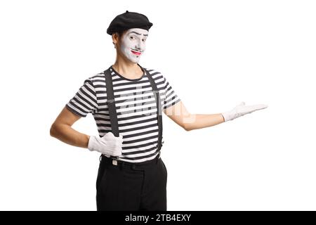 Mime aiming at something with hand isolated on white background Stock Photo