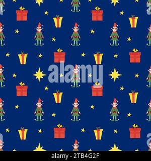 Christmas seamless pattern with cute little elf, stars and gifts, with changeable background color. Vector flat illustration for print and design Stock Vector