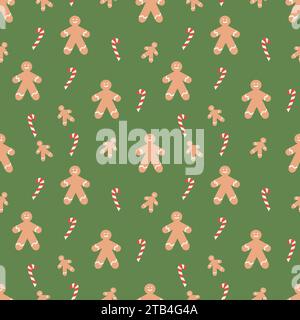 Christmas seamless pattern with gingerbread man and candy cane, with changeable background color. Vector flat illustration for print and design Stock Vector