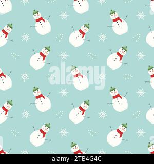 Winter seamless pattern with cute snowman in a knitted scarf and hat and snowflakes, with changeable background color. Vector flat illustration for pr Stock Vector